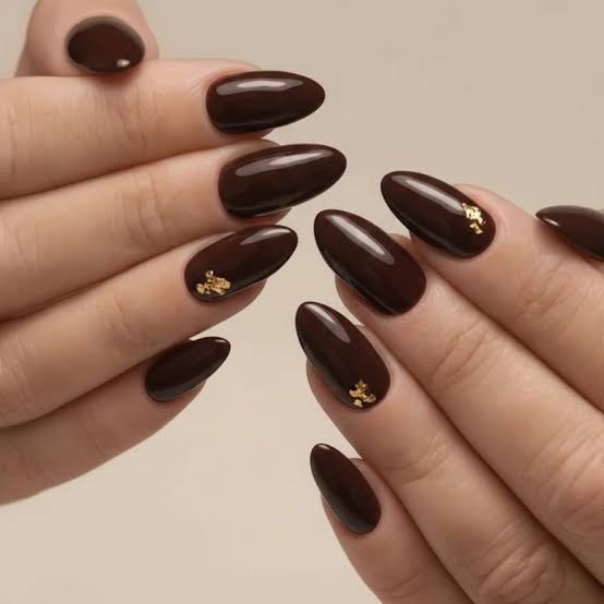 Chocolate Brown Glossy Nails with Gold Foil Chocolate Brown Glossy Nails with Gold Foil — Classy Chocolate Nails