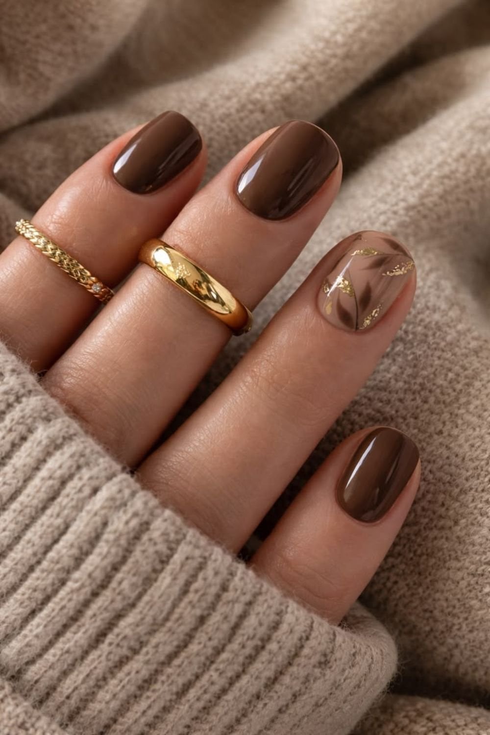 Short Oval Nails with Gold Leaf Accents Short Oval Nails with Gold Leaf Accents — Classy Chocolate Nails