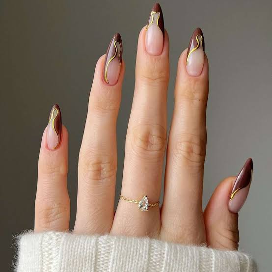 Sheer Nude Almond Nails with Chocolate Lines Sheer Nude Almond Nails with Chocolate Lines — Classy Chocolate Nails