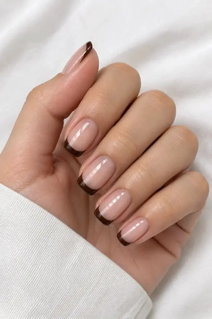 Sheer Nude Short Square with Chocolate French Tips Sheer Nude Short Square with Chocolate French Tips — Classy Chocolate Nails