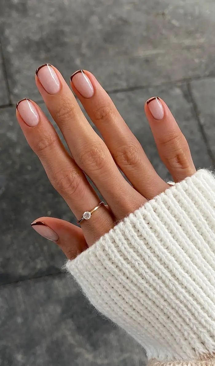 Sheer Nude Short Square Thin Chocolate French Tips, Close-Up Take Sheer Nude Short Square Thin Chocolate French Tips, Close-Up Take — Classy Chocolate Nails
