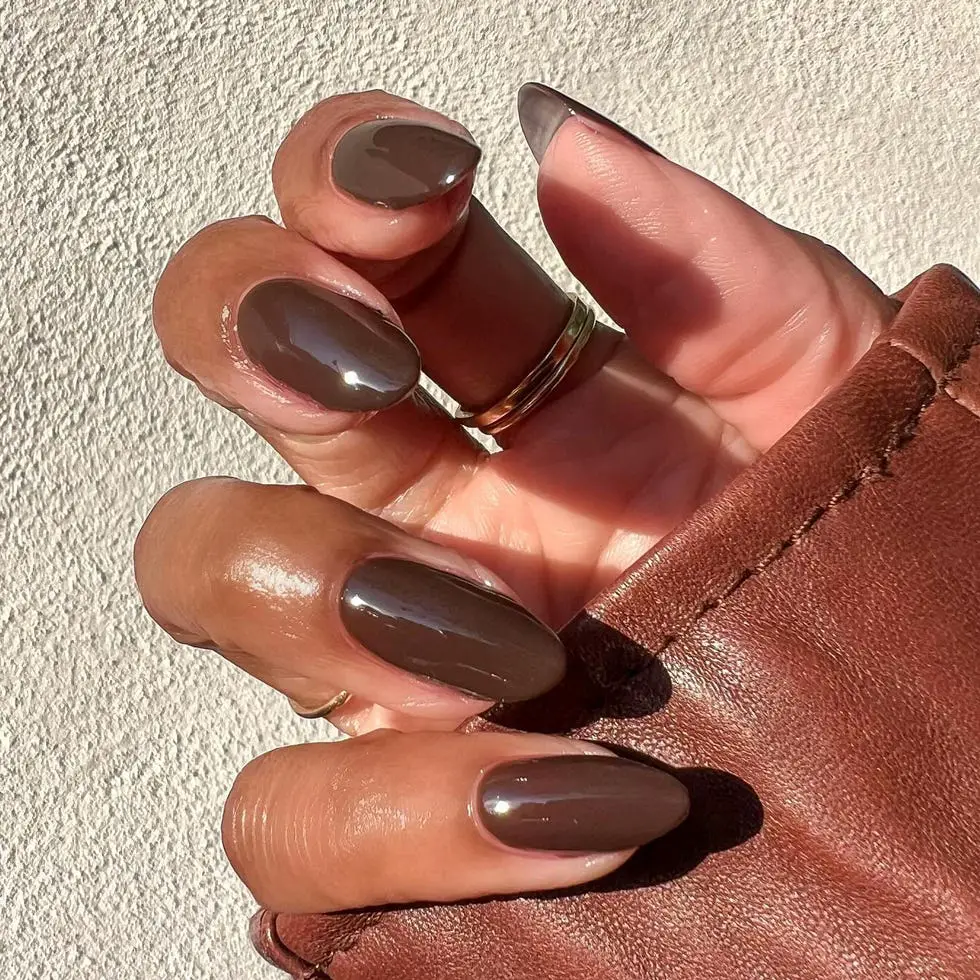 Deep Glossy Brown Almond Nails With Solid Color Deep Glossy Brown Almond Nails With Solid Color — Classy Chocolate Nails