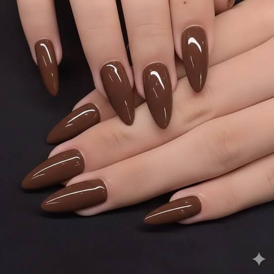 Medium Glossy Chocolate Brown Almond Nails Medium Glossy Chocolate Brown Almond Nails — Classy Chocolate Nails