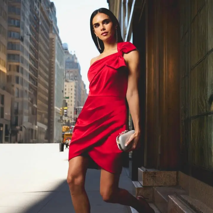 Vibrant Red Satin One-Shoulder Dress With Large Bow Detail Vibrant Red Satin One-Shoulder Dress With Large Bow Detail — Classy Cocktail Attire for Women