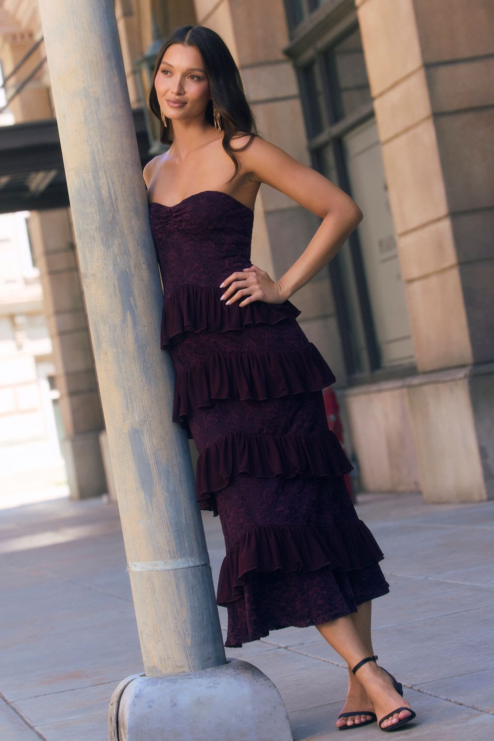 Deep Purple Strapless Lace Dress With Tiered Ruffled Skirt Deep Purple Strapless Lace Dress With Tiered Ruffled Skirt — Classy Cocktail Attire for Women