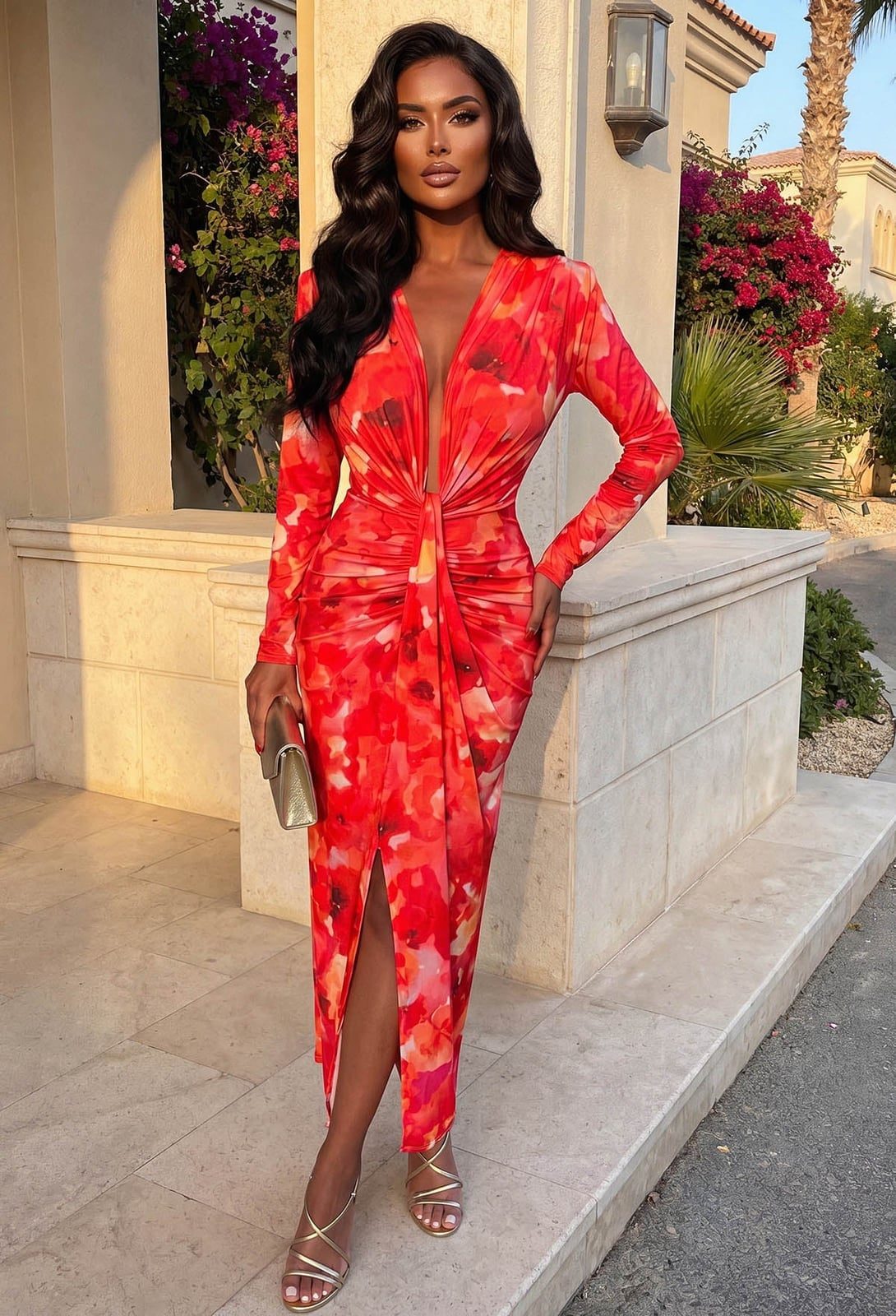 Red Floral Print Ruched Midi Dress With Plunge Neckline Red Floral Print Ruched Midi Dress With Plunge Neckline — Classy Cocktail Attire for Women