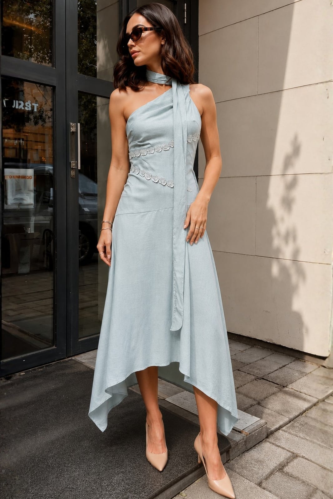 Light Blue One-Shoulder Linen Blend Midi Dress With Scarf Detail Light Blue One-Shoulder Linen Blend Midi Dress With Scarf Detail — Classy Cocktail Attire for Women