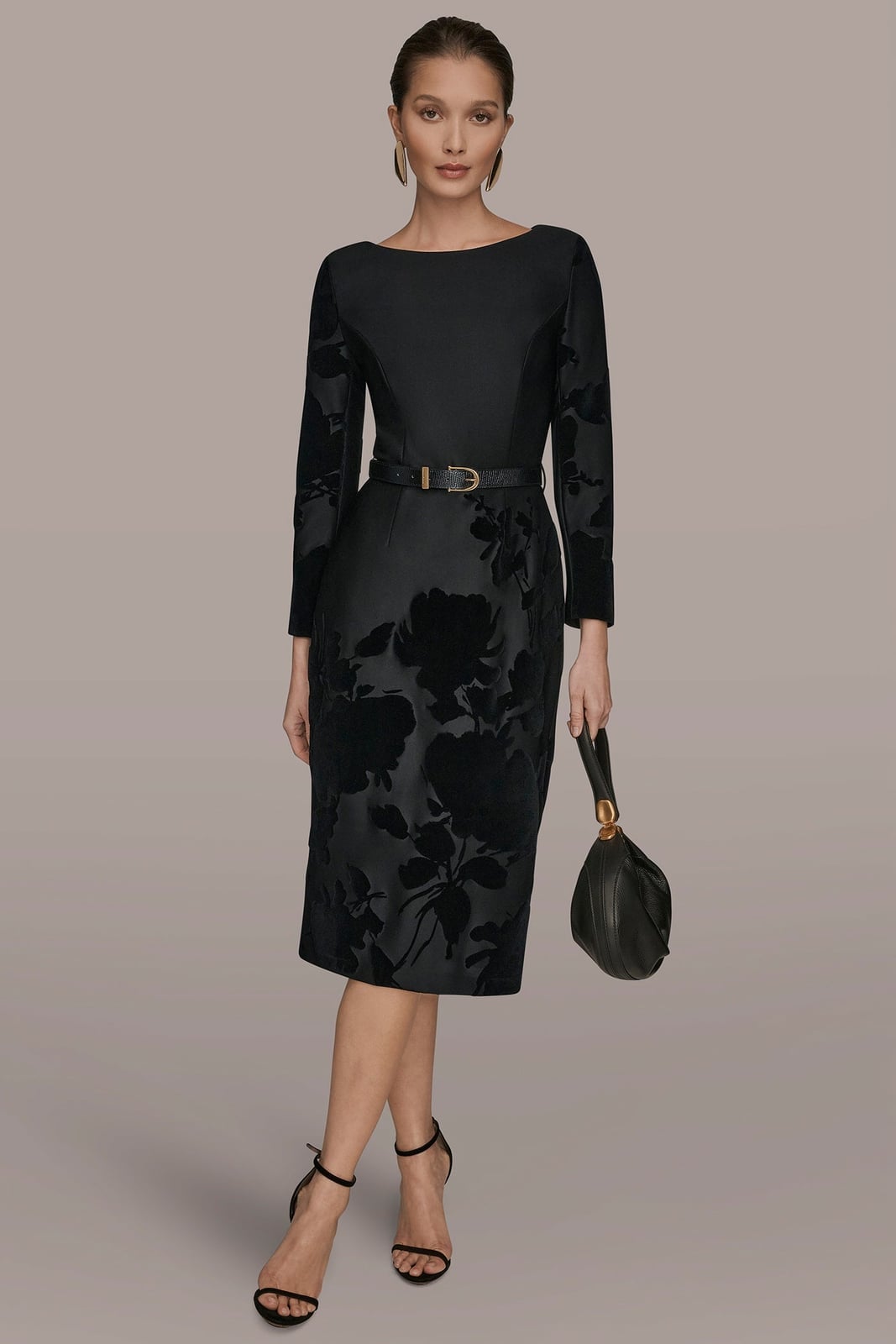 Black Sheath Dress With Velvet Floral Applique Black Sheath Dress With Velvet Floral Applique — Classy Cocktail Attire for Women