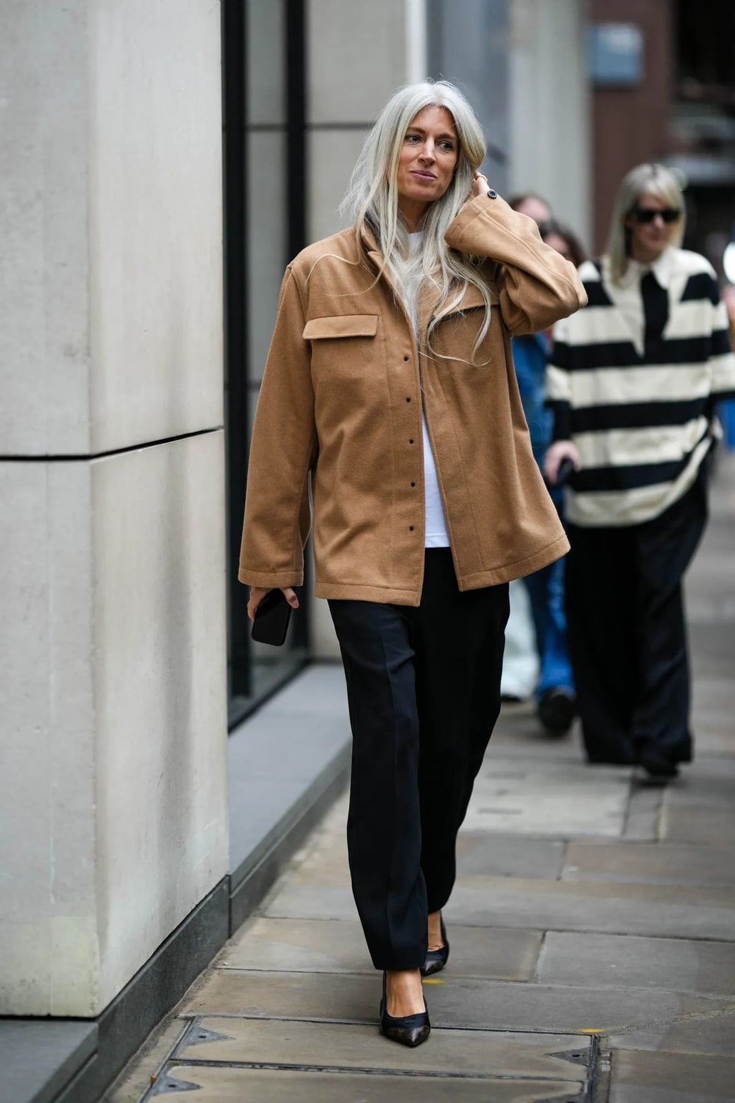 Camel Shacket Over Black Trousers for Street Style Camel Shacket Over Black Trousers for Street Style — Classy Comfy Outfits