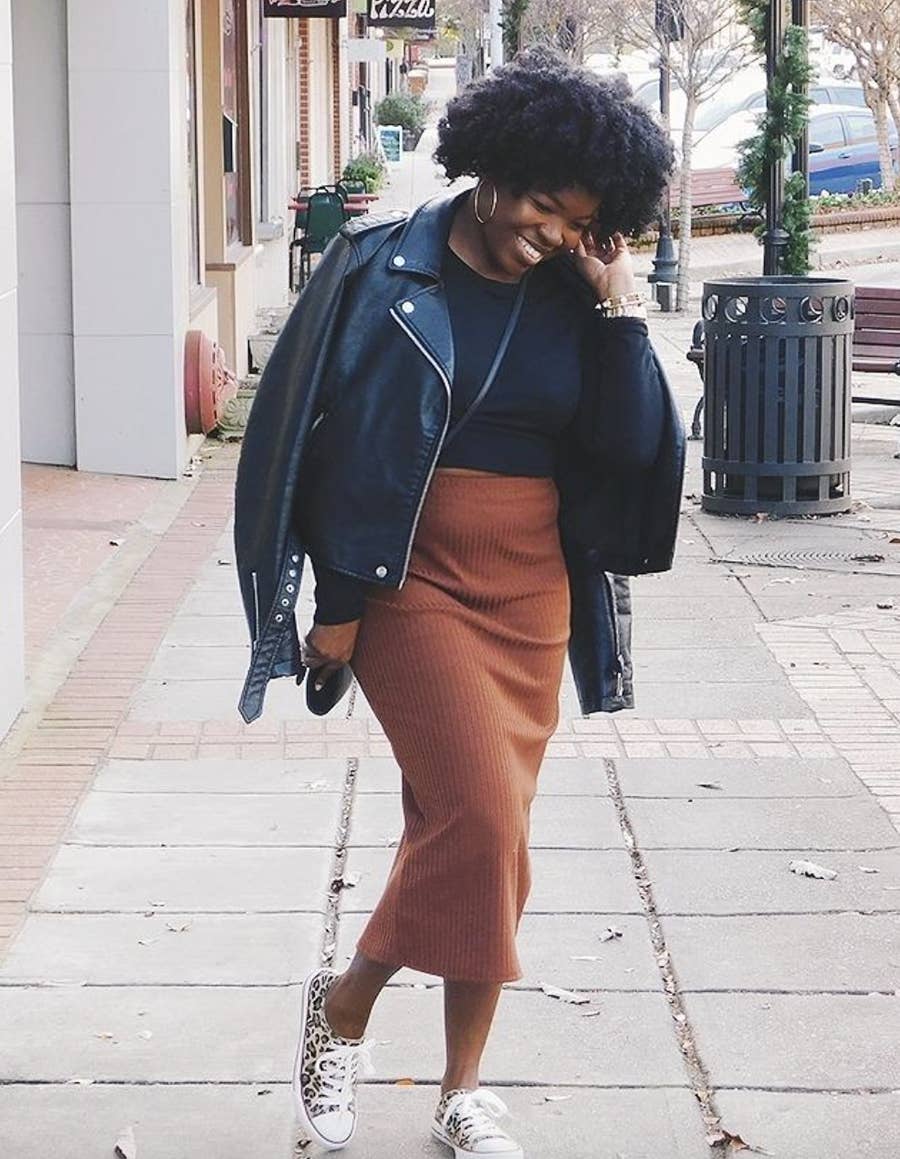 Rust Midi Skirt with a Leather Jacket for Edgy Casual Rust Midi Skirt with a Leather Jacket for Edgy Casual — Classy Comfy Outfits