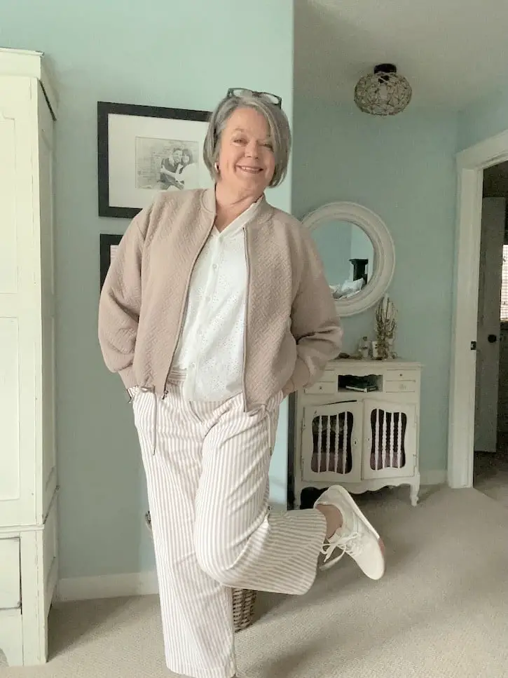 Striped Wide-Leg Pants with a Bomber Jacket for a Day Out Striped Wide-Leg Pants with a Bomber Jacket for a Day Out — Classy Comfy Outfits