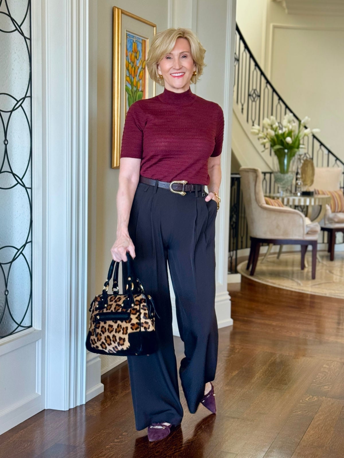 Black Wide-Leg Trousers with Burgundy Top for Smart Casual Black Wide-Leg Trousers with Burgundy Top for Smart Casual — Classy Comfy Outfits