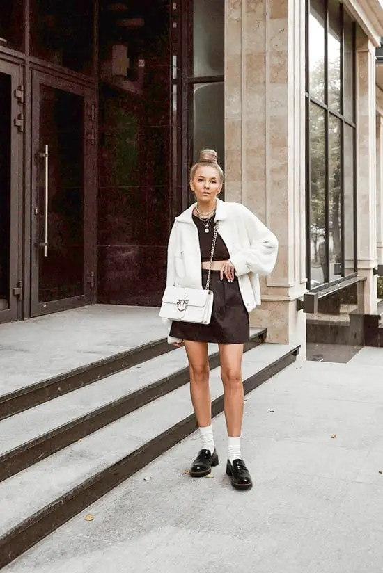 White Teddy Jacket Over Crop Top and Mini Skirt for Smart Casual White Teddy Jacket Over Crop Top and Mini Skirt for Smart Casual — Classy Comfy Outfits