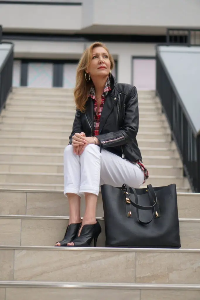 Leather Biker Jacket Over Plaid Shirt and Cropped Jeans Leather Biker Jacket Over Plaid Shirt and Cropped Jeans — Classy Comfy Outfits