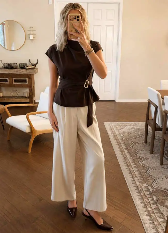 Cream Wide-Leg Trousers with a Belted Mock Neck Top for Smart Casual Cream Wide-Leg Trousers with a Belted Mock Neck Top for Smart Casual — Classy Comfy Outfits