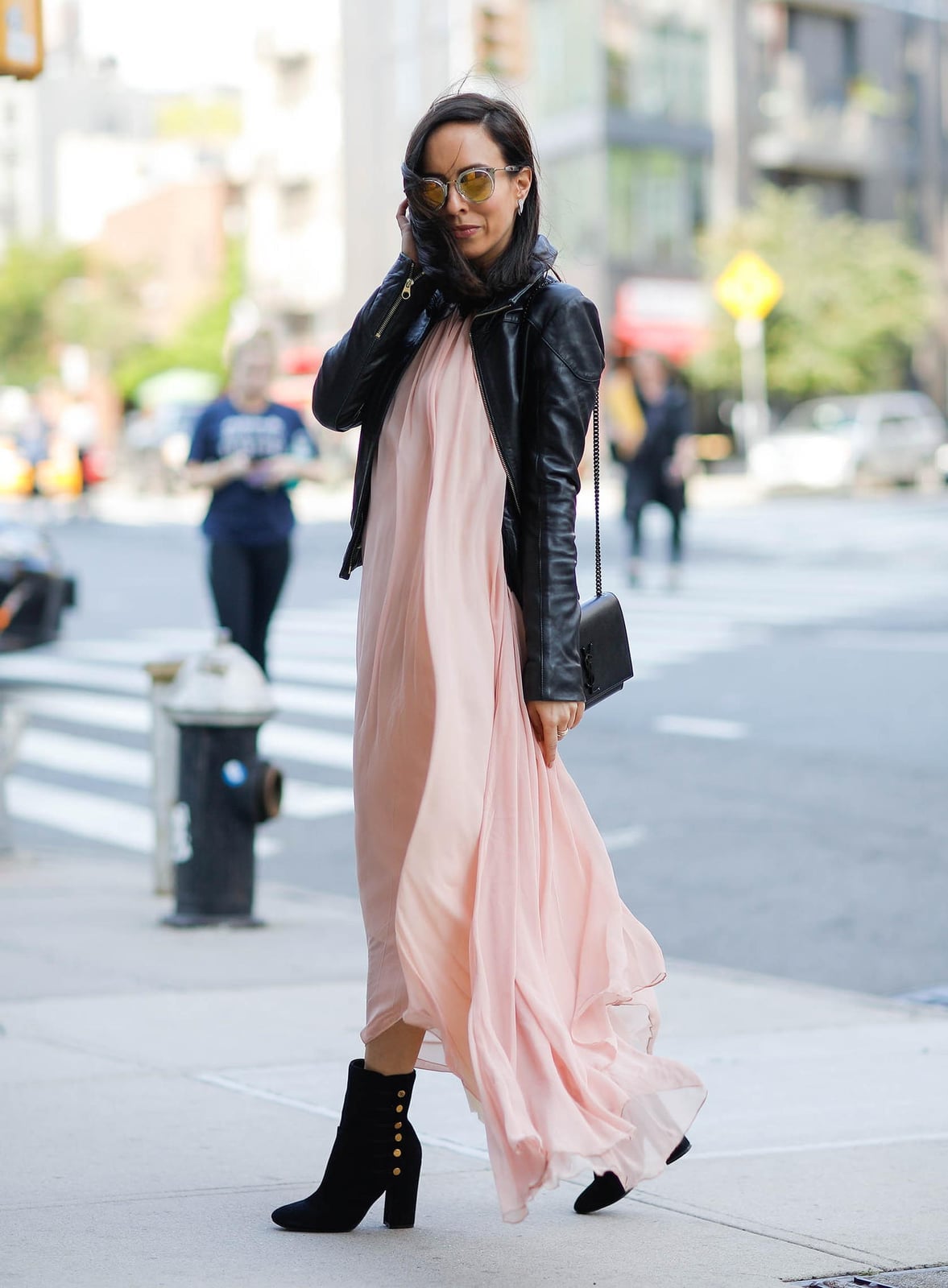 Pale Pink Maxi Dress with a Leather Jacket for Edgy Feminine Pale Pink Maxi Dress with a Leather Jacket for Edgy Feminine — Classy Comfy Outfits