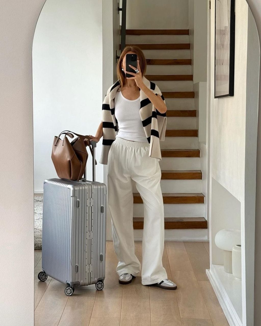 White Wide-Leg Trousers with a Striped Cardigan for Travel White Wide-Leg Trousers with a Striped Cardigan for Travel — Classy Comfy Outfits