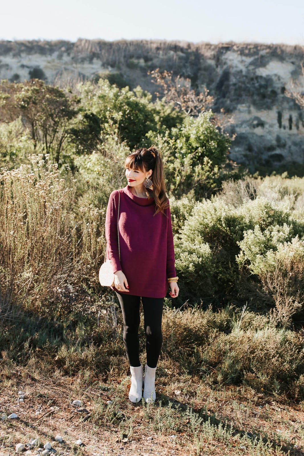 Burgundy Tunic Sweater Over Black Leggings for Casual Comfort Burgundy Tunic Sweater Over Black Leggings for Casual Comfort — Classy Comfy Outfits