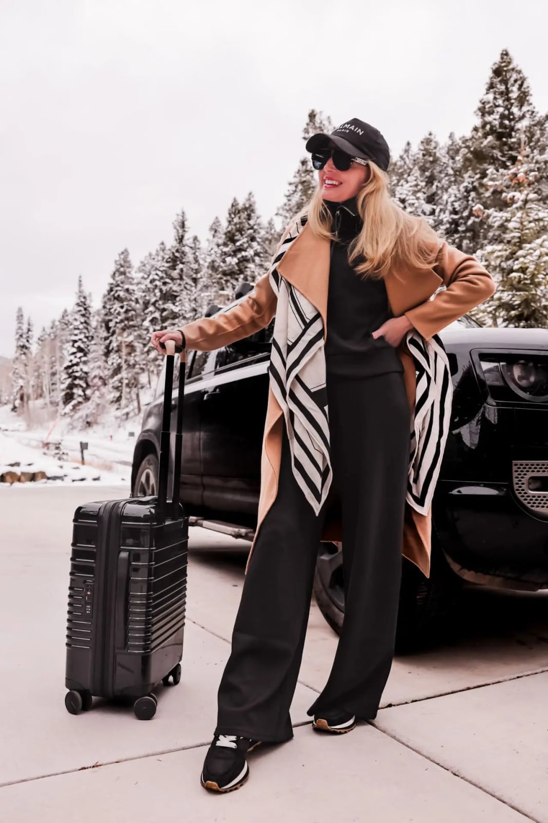 Camel Longline Coat Over Black Trousers for Travel Camel Longline Coat Over Black Trousers for Travel — Classy Comfy Outfits