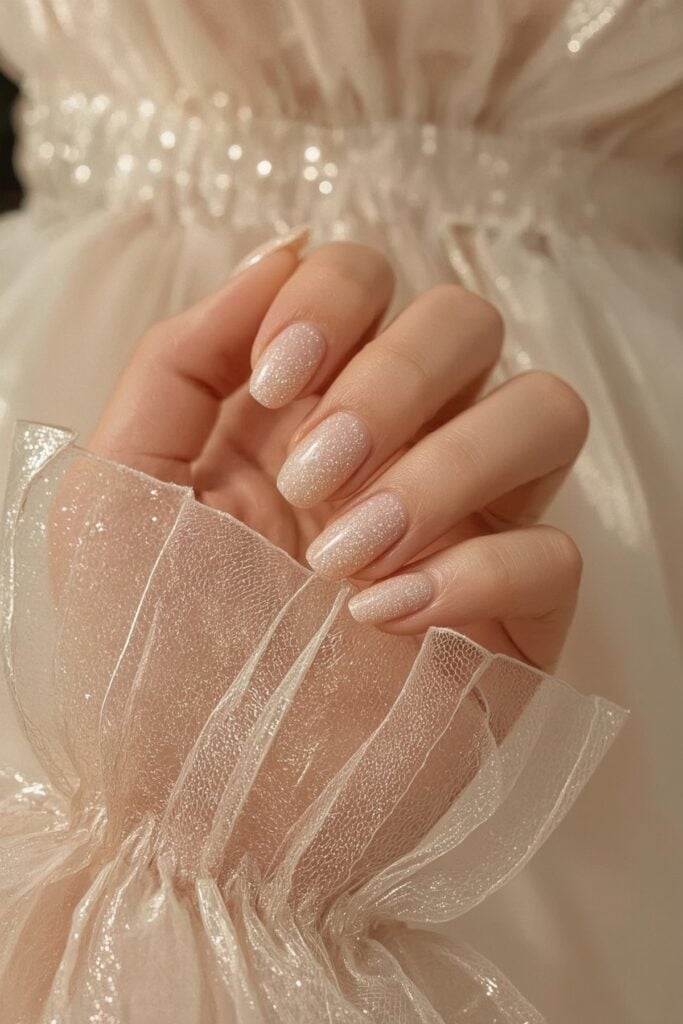 Subtle Champagne Glitter Shimmer Short Oval Nails Subtle Champagne Glitter Shimmer Short Oval Nails — Classy Concert Nails