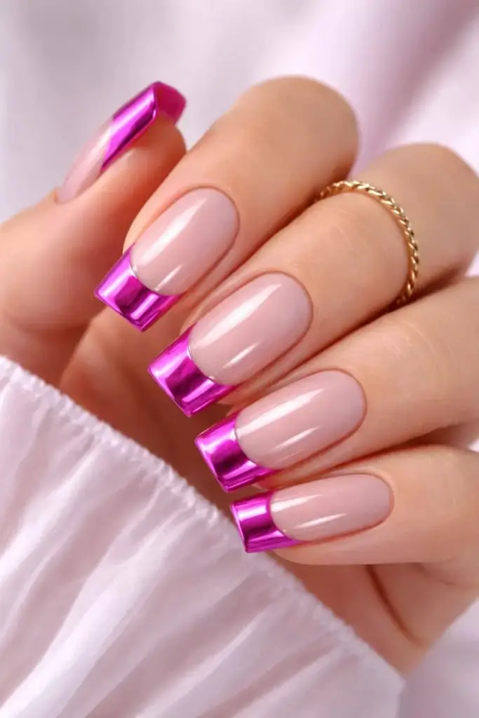 Nude With Hot Pink Metallic French Medium Square Almond Nails Nude With Hot Pink Metallic French Medium Square Almond Nails — Classy Concert Nails