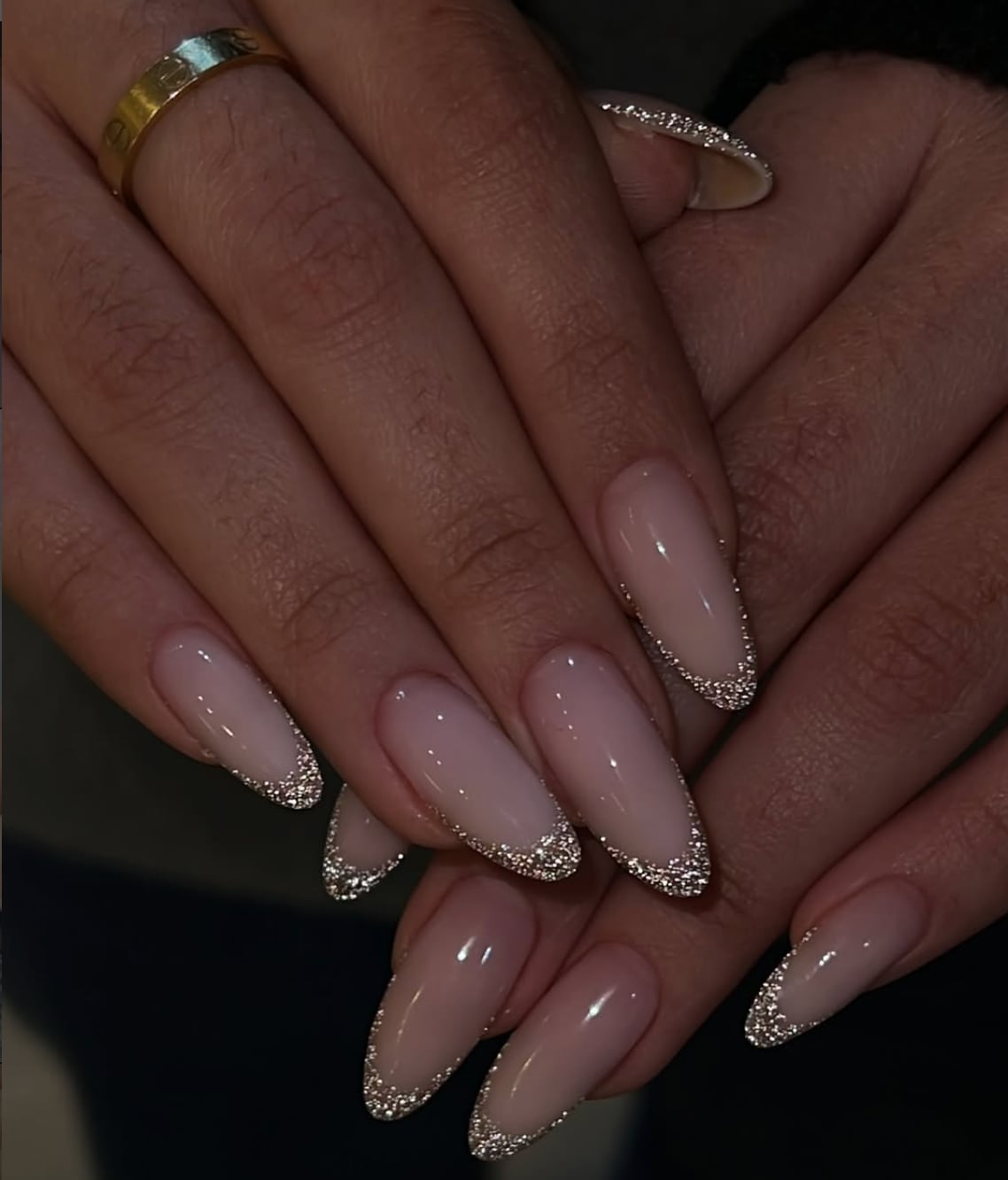 Sheer Nude Pink With Silver Glitter French Long Almond Nails Sheer Nude Pink With Silver Glitter French Long Almond Nails — Classy Concert Nails
