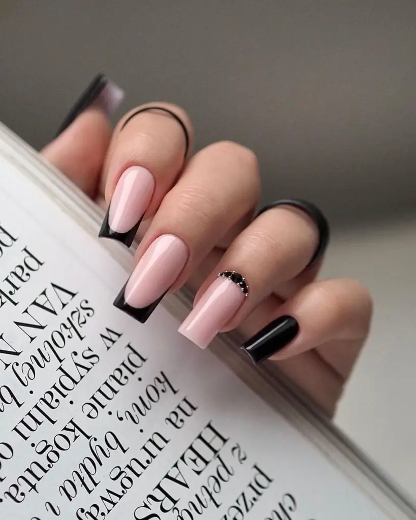 Pale Pink Black French Rhinestone Medium Square Coffin Nails Pale Pink Black French Rhinestone Medium Square Coffin Nails — Classy Concert Nails