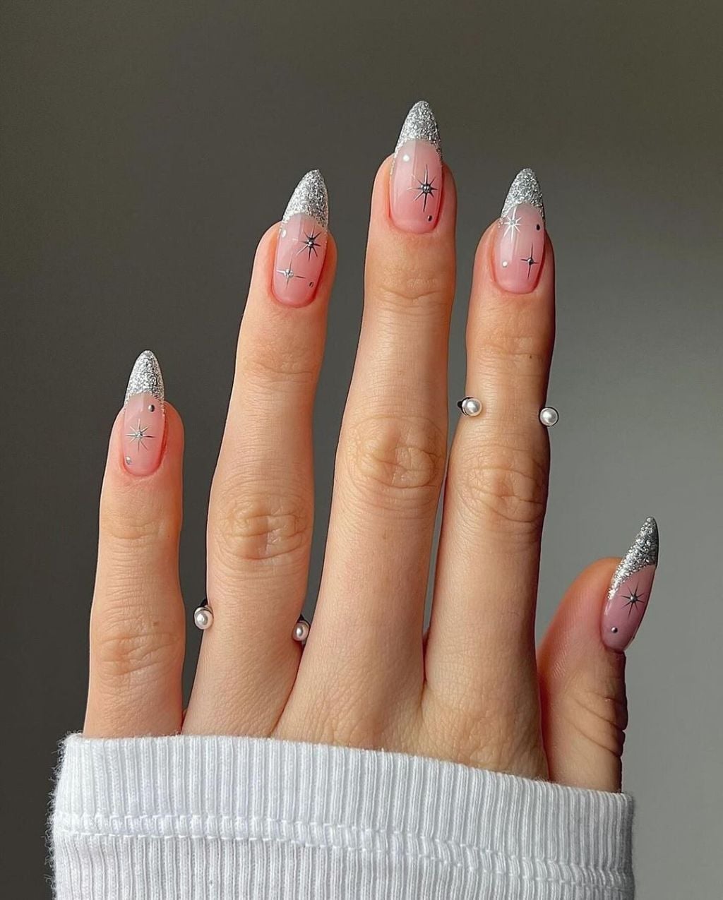 Sheer Pink Silver Star French Long Stiletto Nails Sheer Pink Silver Star French Long Stiletto Nails — Classy Concert Nails