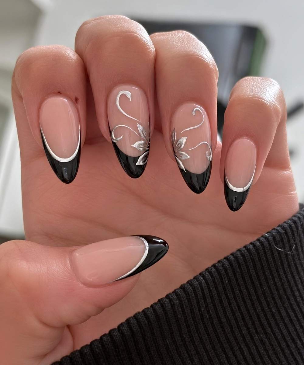 Sheer Pink Black Silver Swirl French Long Almond Nails, Glossy Sheer Pink Black Silver Swirl French Long Almond Nails, Glossy — Classy Concert Nails