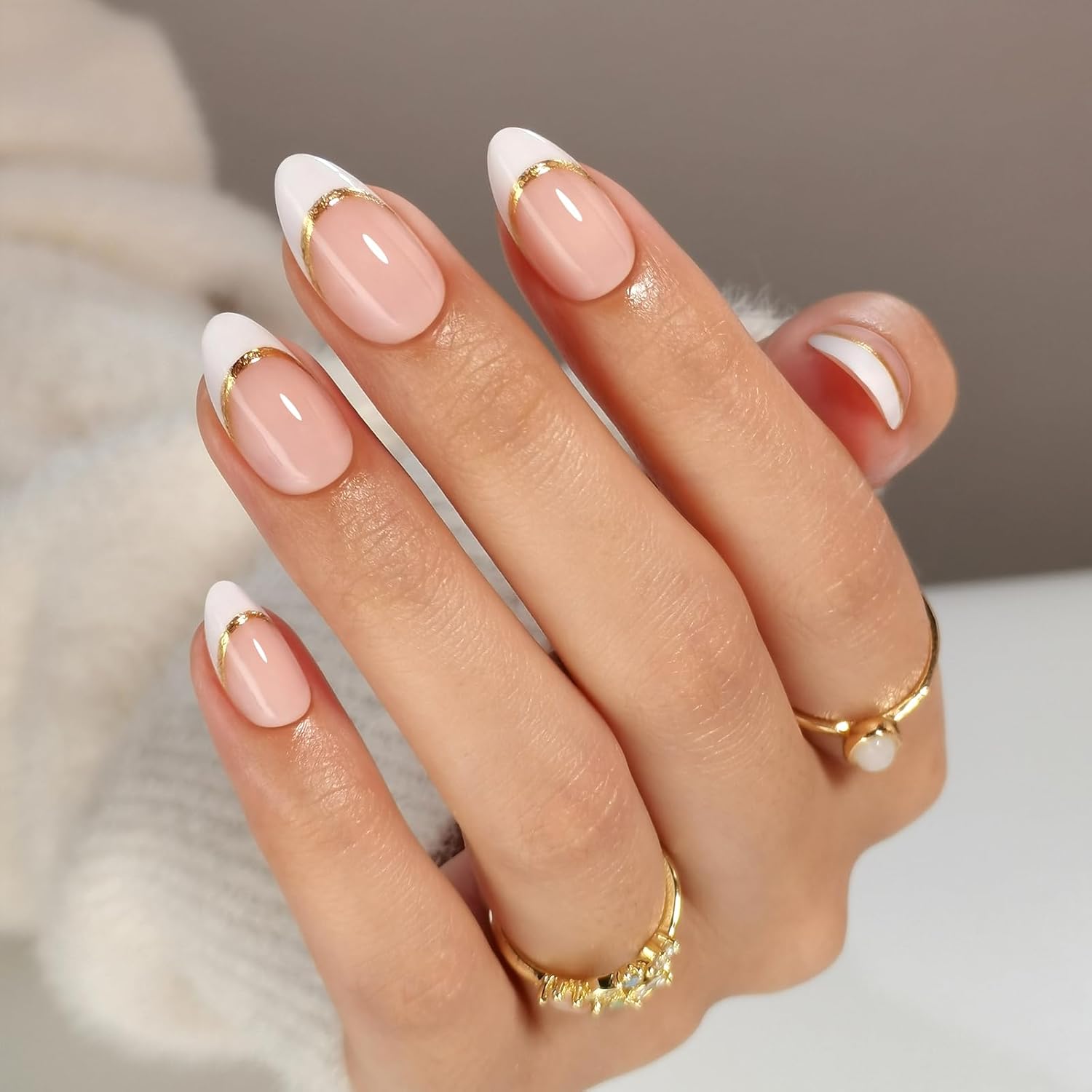 Sheer Nude White Gold Line French Medium Almond Nails Sheer Nude White Gold Line French Medium Almond Nails — Classy Concert Nails