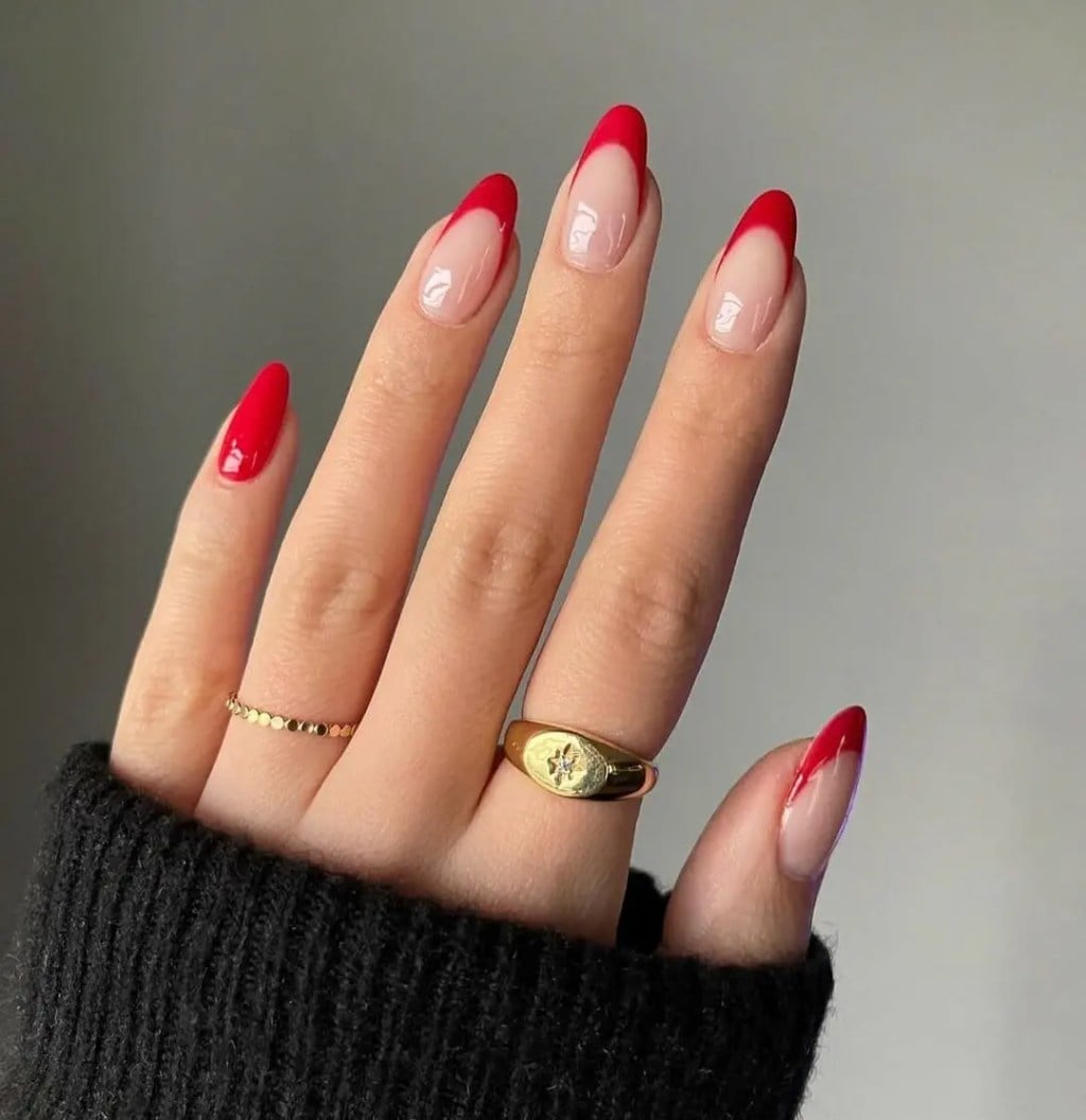 Clear Base Vibrant Red French Medium Almond Nails Clear Base Vibrant Red French Medium Almond Nails — Classy Concert Nails