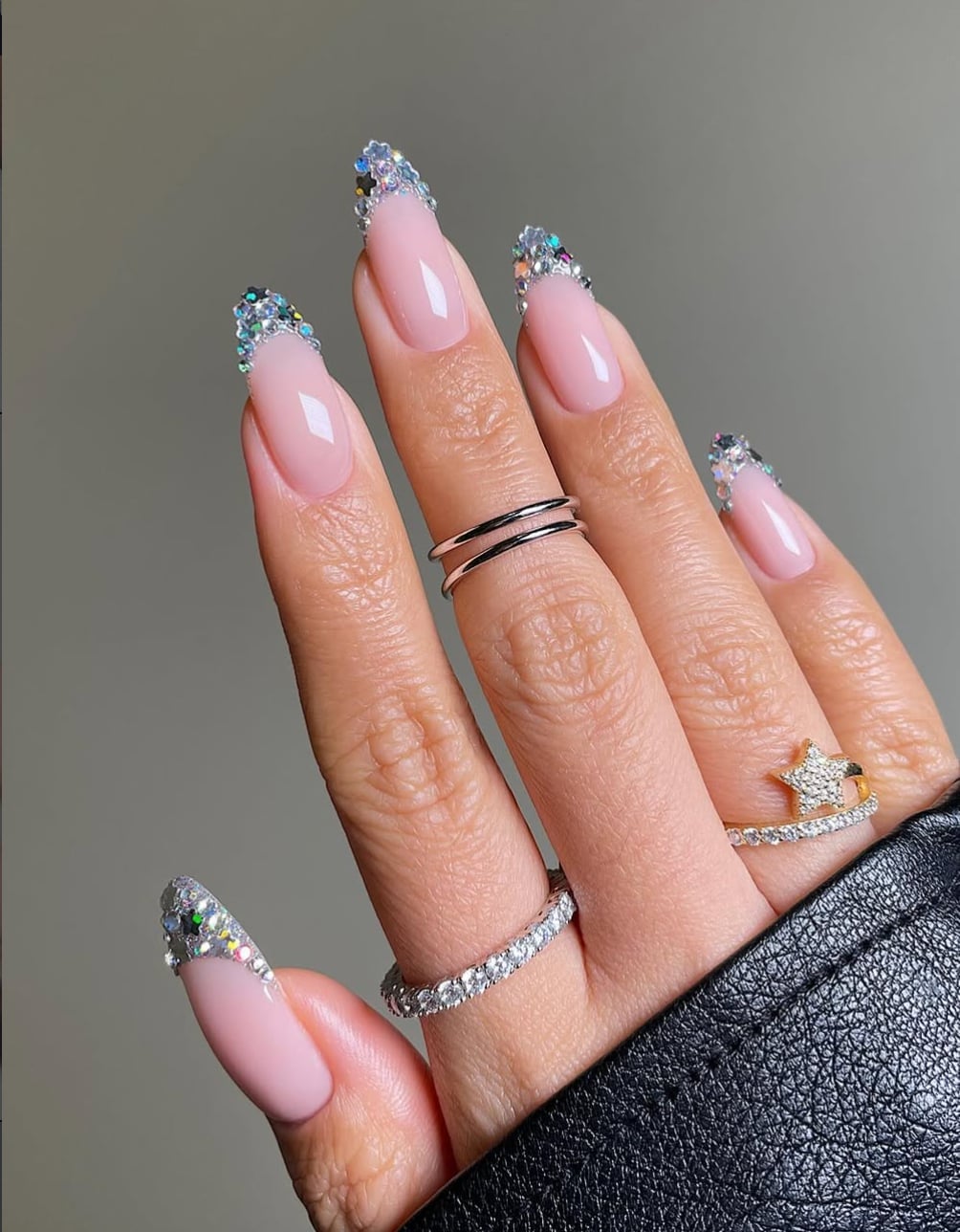 Pale Pink Rhinestone Glitter French Medium Almond Nails, Glossy Pale Pink Rhinestone Glitter French Medium Almond Nails, Glossy — Classy Concert Nails