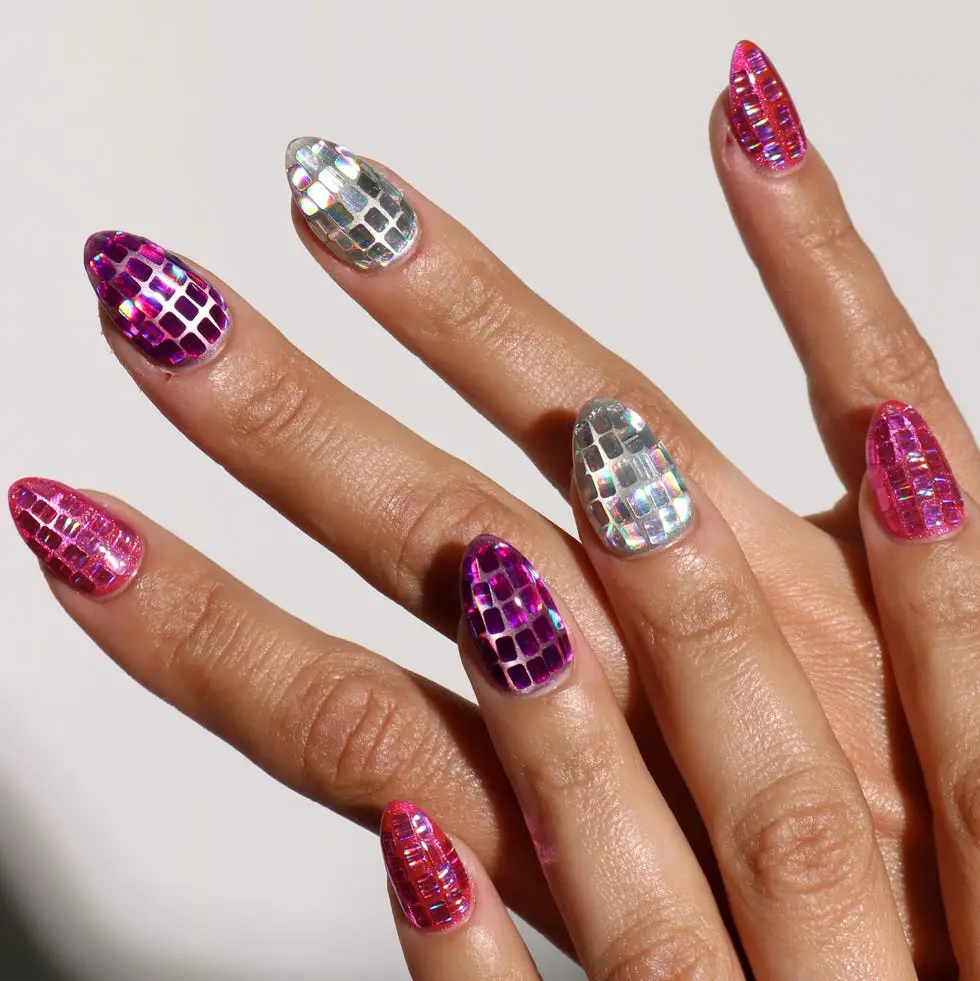 Pink Silver Purple Foil Medium Almond Nails Pink Silver Purple Foil Medium Almond Nails — Classy Concert Nails