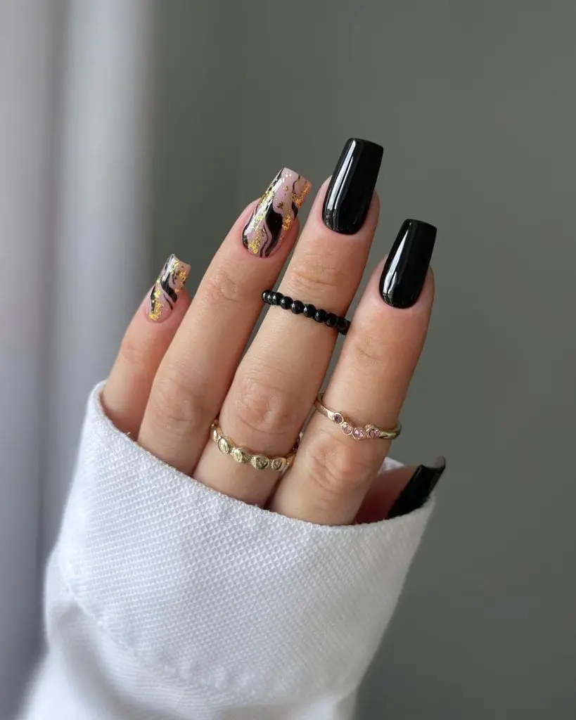 Glossy Black Gold Foil Long Square Nails Glossy Black Gold Foil Long Square Nails — Classy Concert Nails