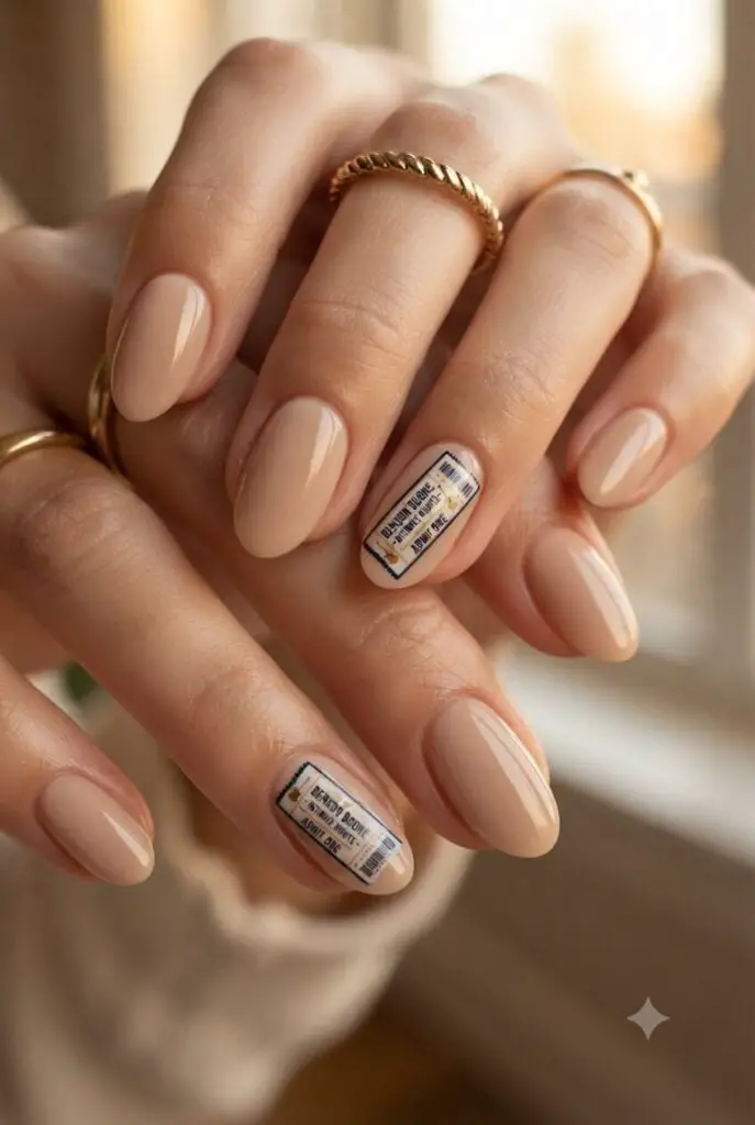 Elegant Neutral Beige With Ticket Decal Medium Almond Nails Elegant Neutral Beige With Ticket Decal Medium Almond Nails — Classy Concert Nails