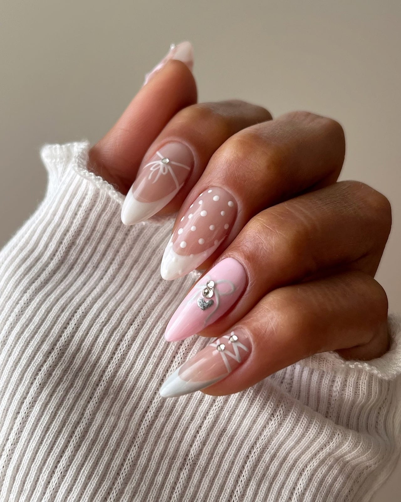 Soft Pink With Polka Dots Bows Medium Almond Nails Soft Pink With Polka Dots Bows Medium Almond Nails — Classy Concert Nails