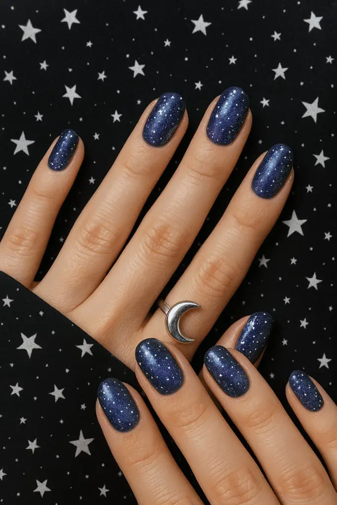 Deep Navy Starry Night Glitter Medium Oval Nails Deep Navy Starry Night Glitter Medium Oval Nails — Classy Concert Nails