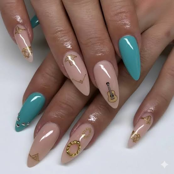 Beige Turquoise Gold Decal Medium Almond Nails Beige Turquoise Gold Decal Medium Almond Nails — Classy Concert Nails