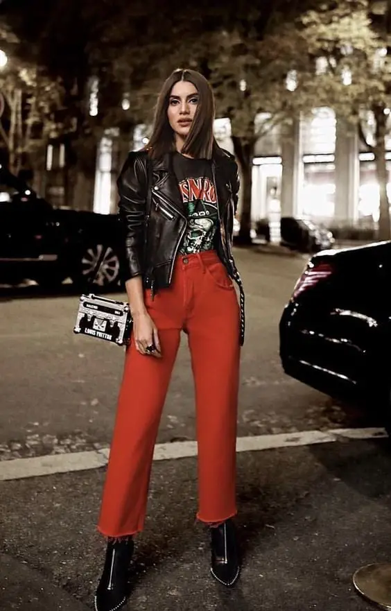 Leather Moto Jacket With Red Jeans And Ankle Boots Leather Moto Jacket With Red Jeans And Ankle Boots — Classy Concert Outfits