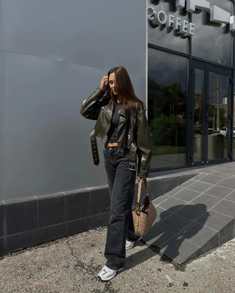 Dark Green Leather Jacket With Wide-Leg Jeans Dark Green Leather Jacket With Wide-Leg Jeans — Classy Concert Outfits