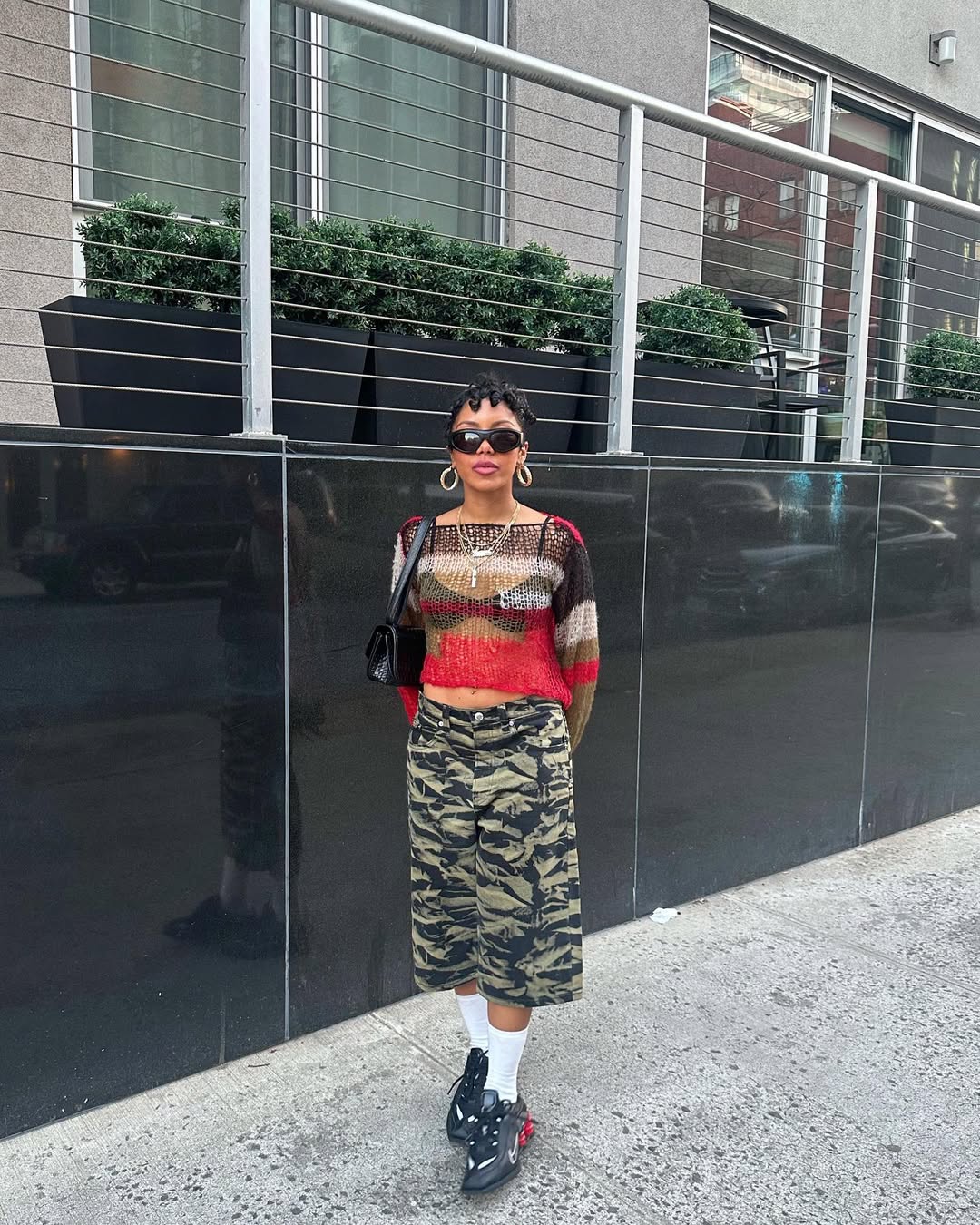 Striped Mesh Top With Camouflage Cargo Pants Striped Mesh Top With Camouflage Cargo Pants — Classy Concert Outfits