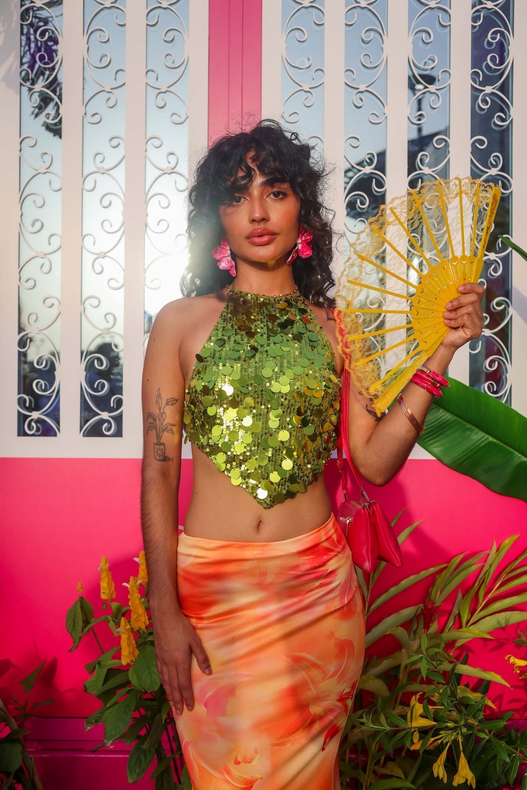 Lime Green Sequin Halter Top With Patterned Skirt Lime Green Sequin Halter Top With Patterned Skirt — Classy Concert Outfits