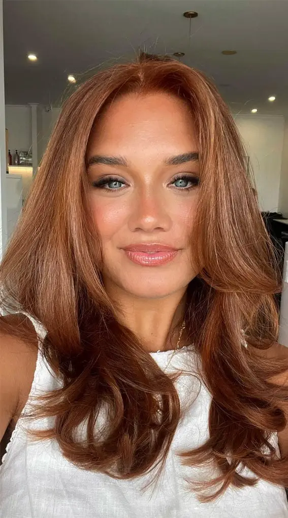 Copper Collarbone Length With Lighter Highlights and Curtain Bangs — Classy Copper Hair Color