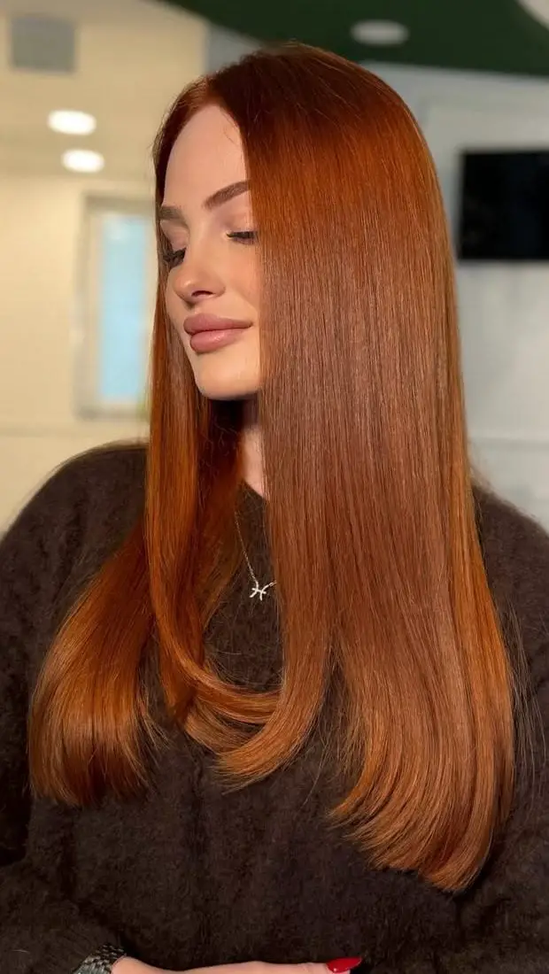 Vibrant Copper Mid-Back With Curtain Bangs — Classy Copper Hair Color