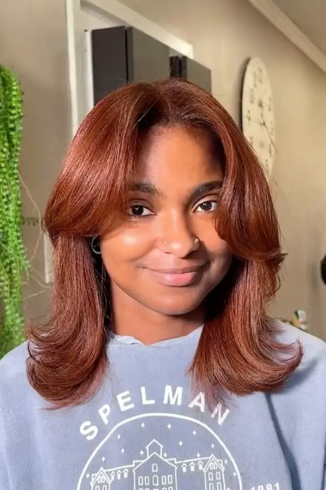 Copper Shoulder Length With Curtain Bangs — Classy Copper Hair Color