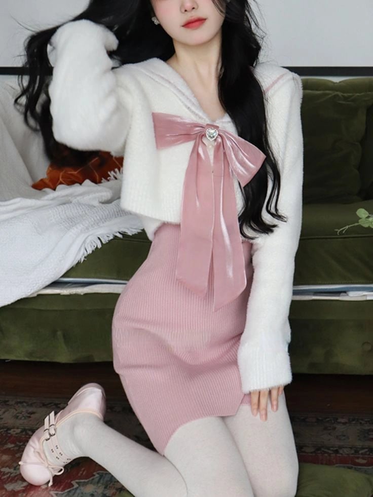 Pink Satin Bow Cropped Cardigan Mini Dress Ensemble Pink Satin Bow Cropped Cardigan Mini Dress Ensemble — Classy Coquette Outfits