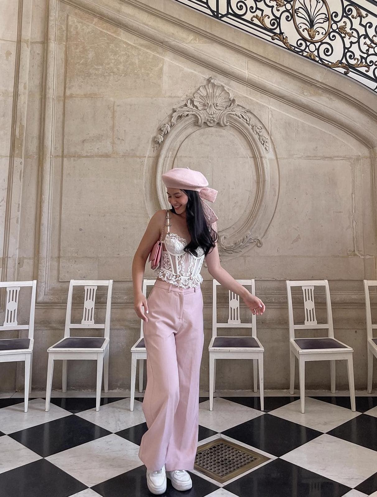White Lace Corset Top and Pink Trousers White Lace Corset Top and Pink Trousers — Classy Coquette Outfits
