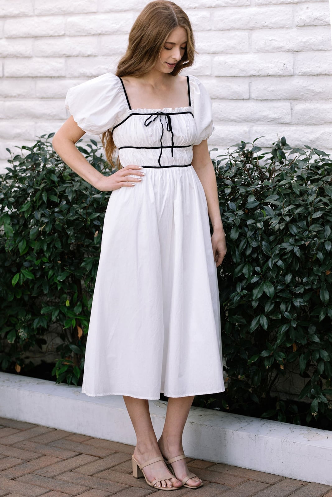 White Puff Sleeve Midi Dress with Bow Detail White Puff Sleeve Midi Dress with Bow Detail — Classy Coquette Outfits
