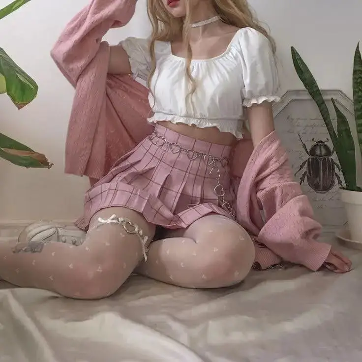 Pink Plaid Pleated Skirt and Crop Top Ensemble Pink Plaid Pleated Skirt and Crop Top Ensemble — Classy Coquette Outfits