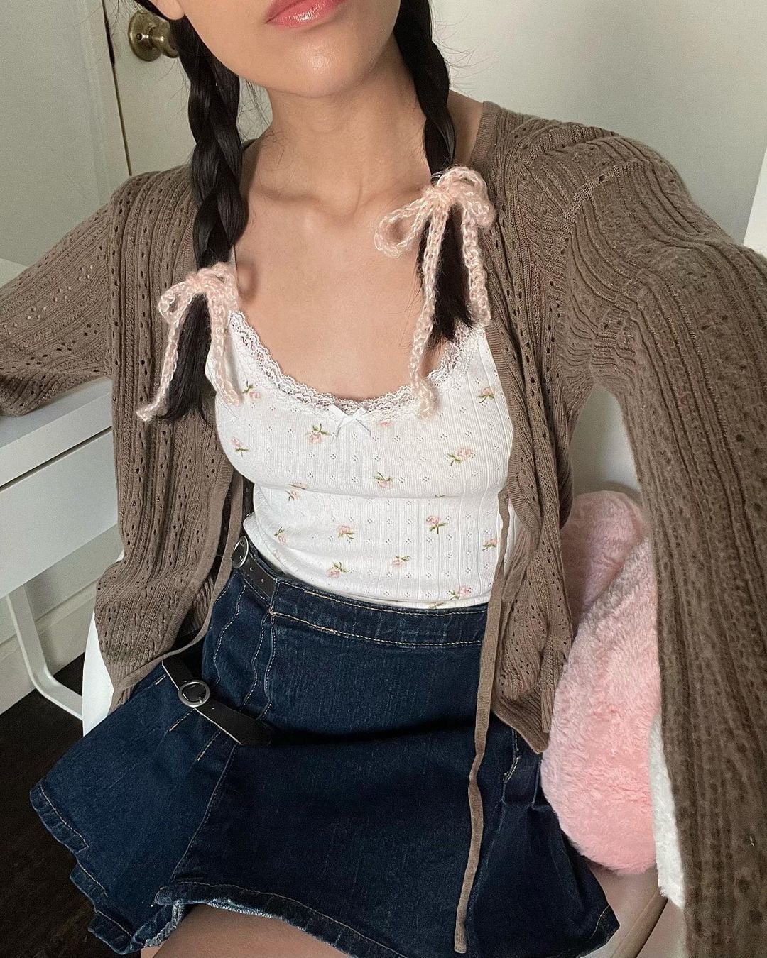 Brown Bow Cardigan Floral Camisole Denim Skirt Brown Bow Cardigan Floral Camisole Denim Skirt — Classy Coquette Outfits